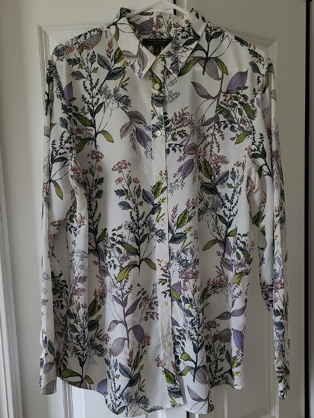 Banana Republic White Shirt with Green, Purple & Pink Floral Print XL